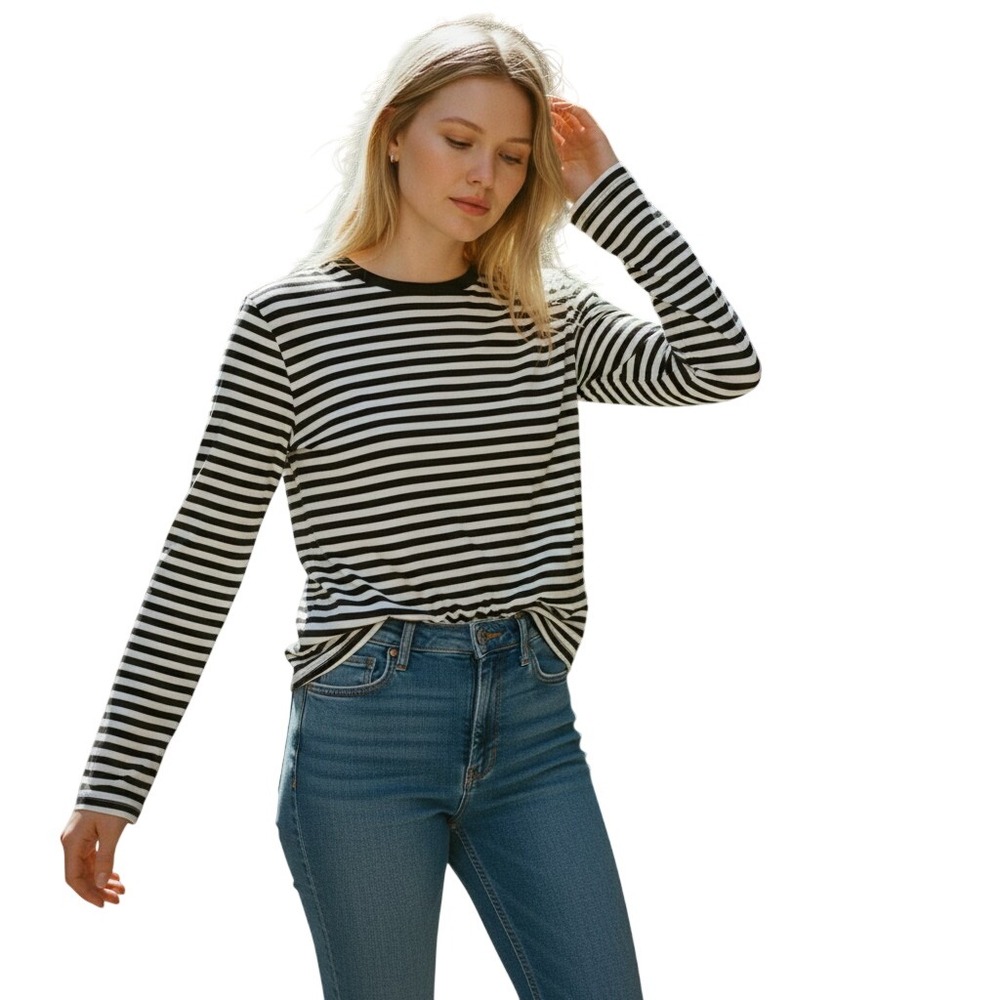 Caslon Navy White Striped Long Sleeve Crew Neck T-Shirt Cotton Modal Blend